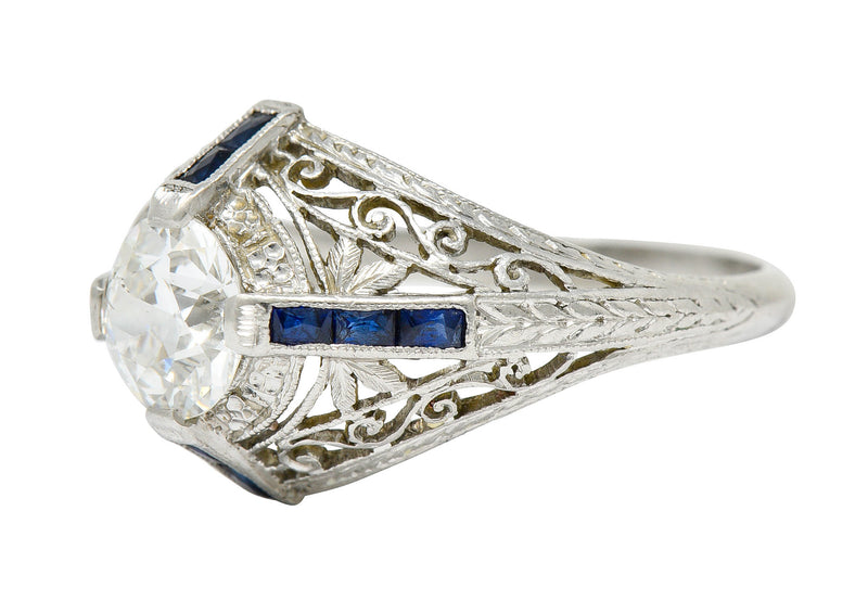 Art Deco 1.32 CTW Diamond Sapphire Platinum Foliate Engagement RingRing - Wilson's Estate Jewelry