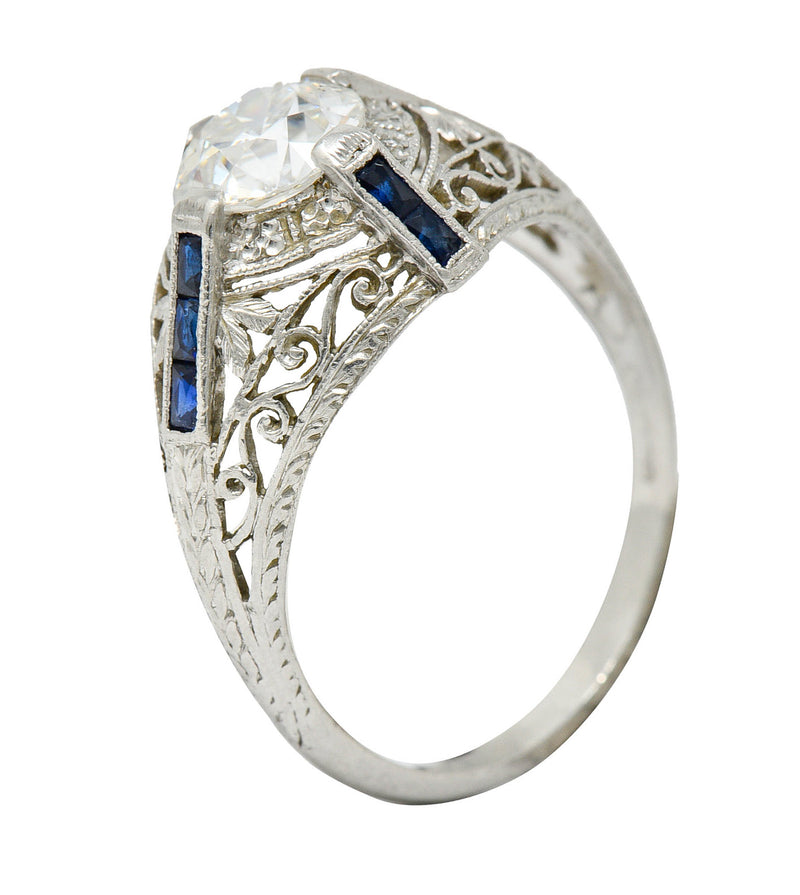 Art Deco 1.32 CTW Diamond Sapphire Platinum Foliate Engagement RingRing - Wilson's Estate Jewelry