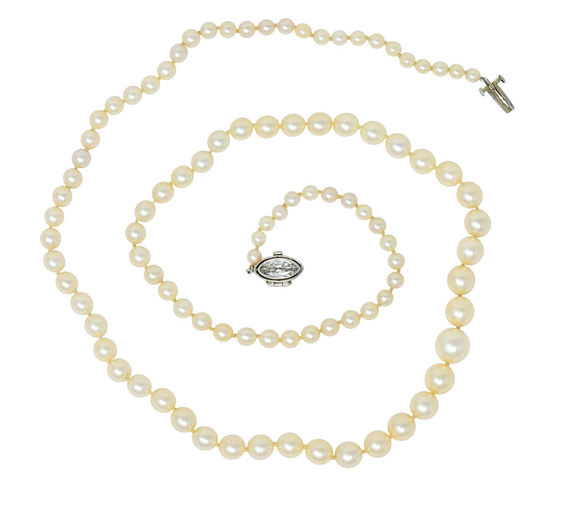 Vintage Marquise Diamond Platinum Graduated Pearl Strand Necklace - Wilson's Estate Jewelry