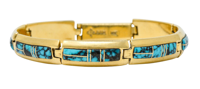 Contemporary B.G. Mudd Turquoise Inlay 14 Karat Gold Link Braceletbracelet - Wilson's Estate Jewelry