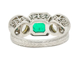 Art Deco 5.02 CTW Colombian Emerald Old European Cut Diamond Platinum Greek Key Three Stone Ring AGL Wilson's Estate Jewelry