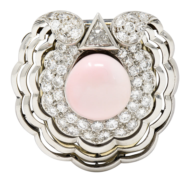French Pink Saltwater Conch Pearl Diamond Platinum Scallop Shell Vintage Mid-Century Brooch Clip GIA Wilson's Estate Jewelry