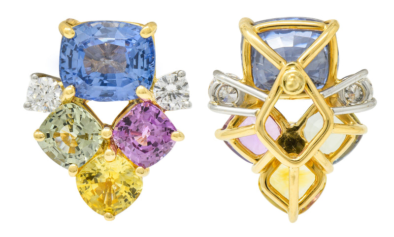 1990’s 15.63 CTW Multi-Sapphire Diamond 18 Karat Gold Platinum Cluster Earrings GRSEarrings - Wilson's Estate Jewelry