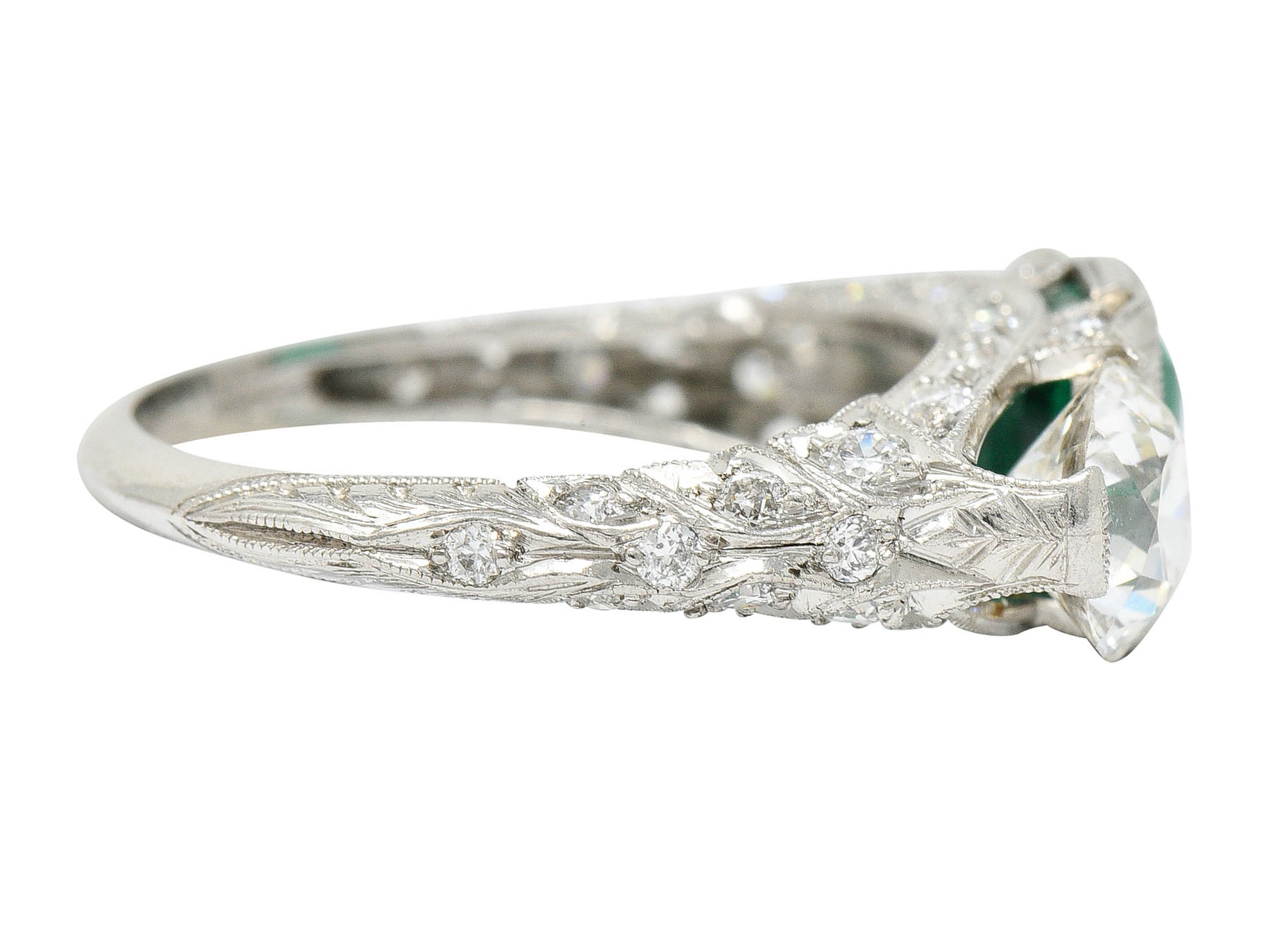 Art Deco 3.30 CTW Diamond Emerald Platinum Three Stone RingRing - Wilson's Estate Jewelry