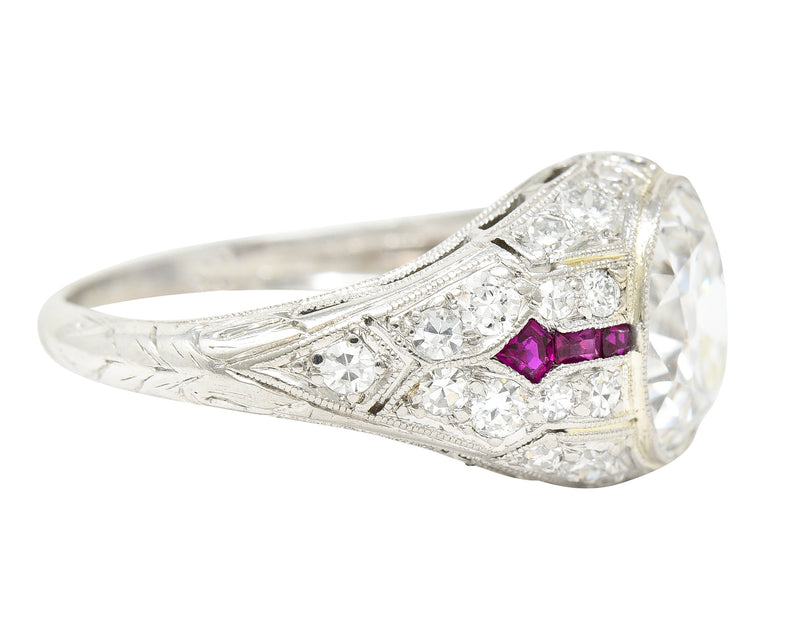 Art Deco 3.16 CTW Old Mine Cut Diamond Ruby Arrow Platinum Bombay Engagement Ring GIA Wilson's Estate Jewelry