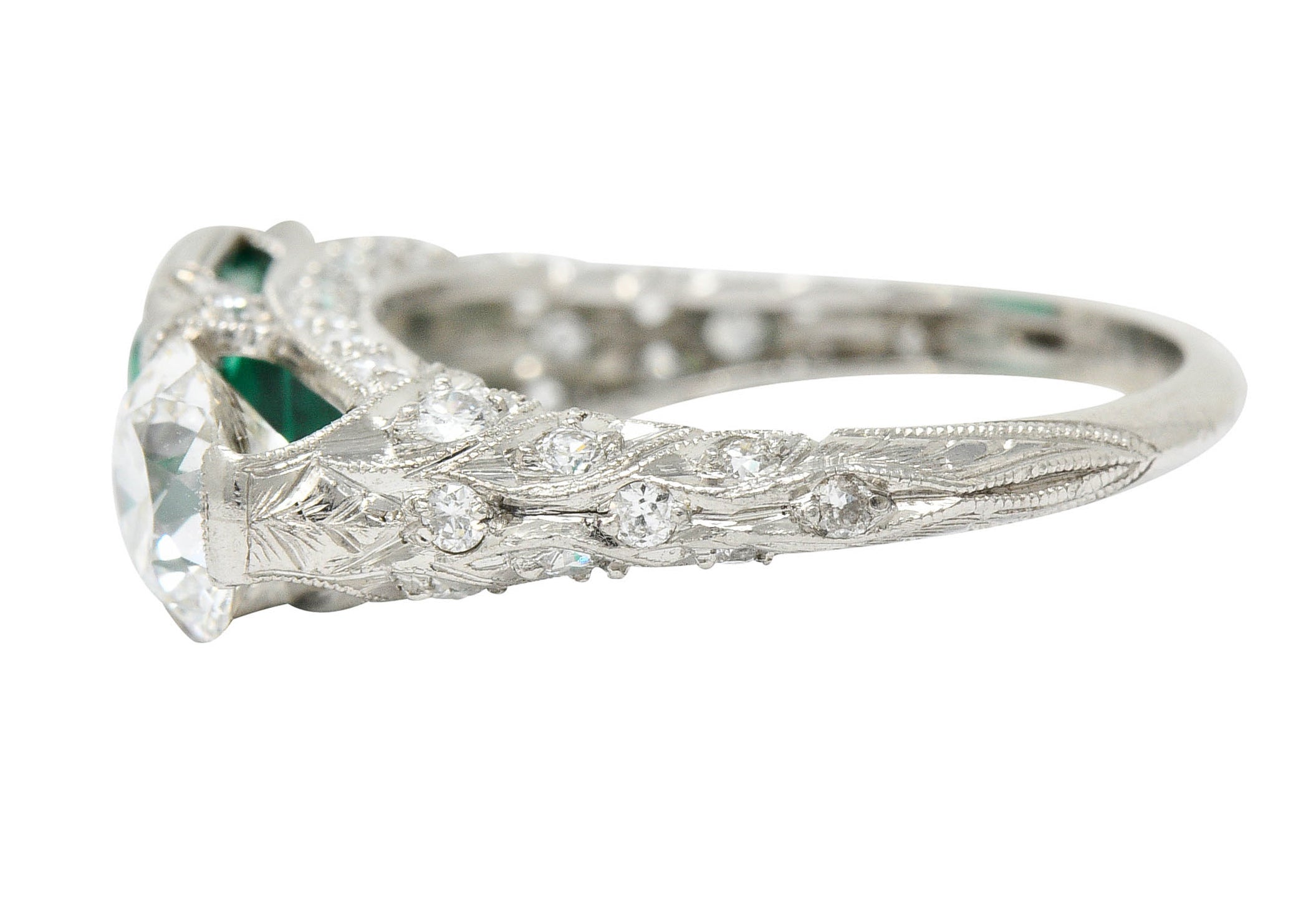 Art Deco 3.30 CTW Diamond Emerald Platinum Three Stone RingRing - Wilson's Estate Jewelry