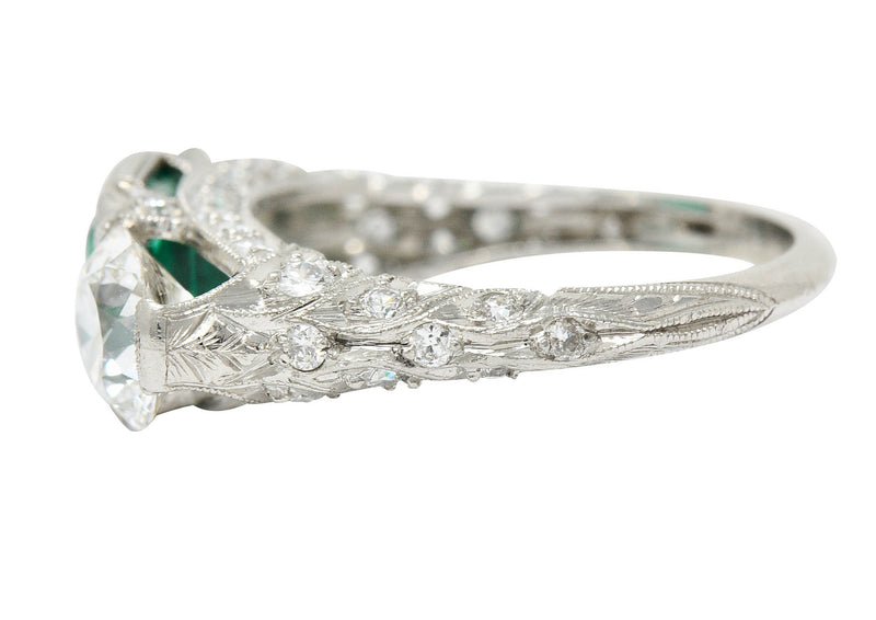 Art Deco 3.30 CTW Diamond Emerald Platinum Three Stone RingRing - Wilson's Estate Jewelry