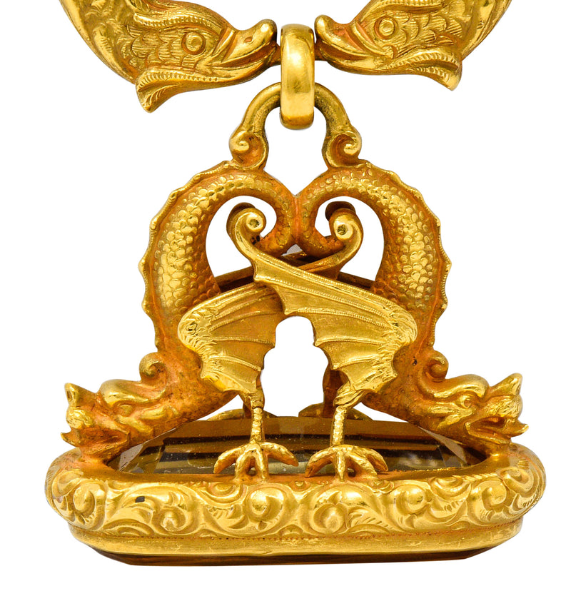 Art Nouveau Citrine 14 Karat Gold Sea Serpent Dragon Fob PendantNecklace - Wilson's Estate Jewelry