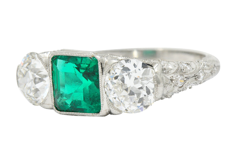 Art Deco 3.30 CTW Diamond Emerald Platinum Three Stone RingRing - Wilson's Estate Jewelry