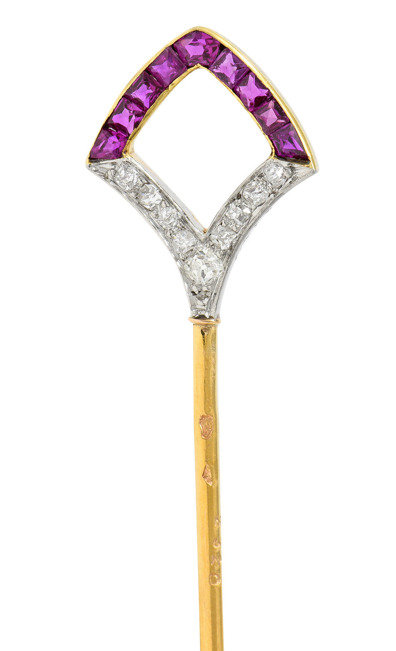 Art Deco French Ruby Diamond Platinum 18 Karat Yellow Gold Shield Stickpin