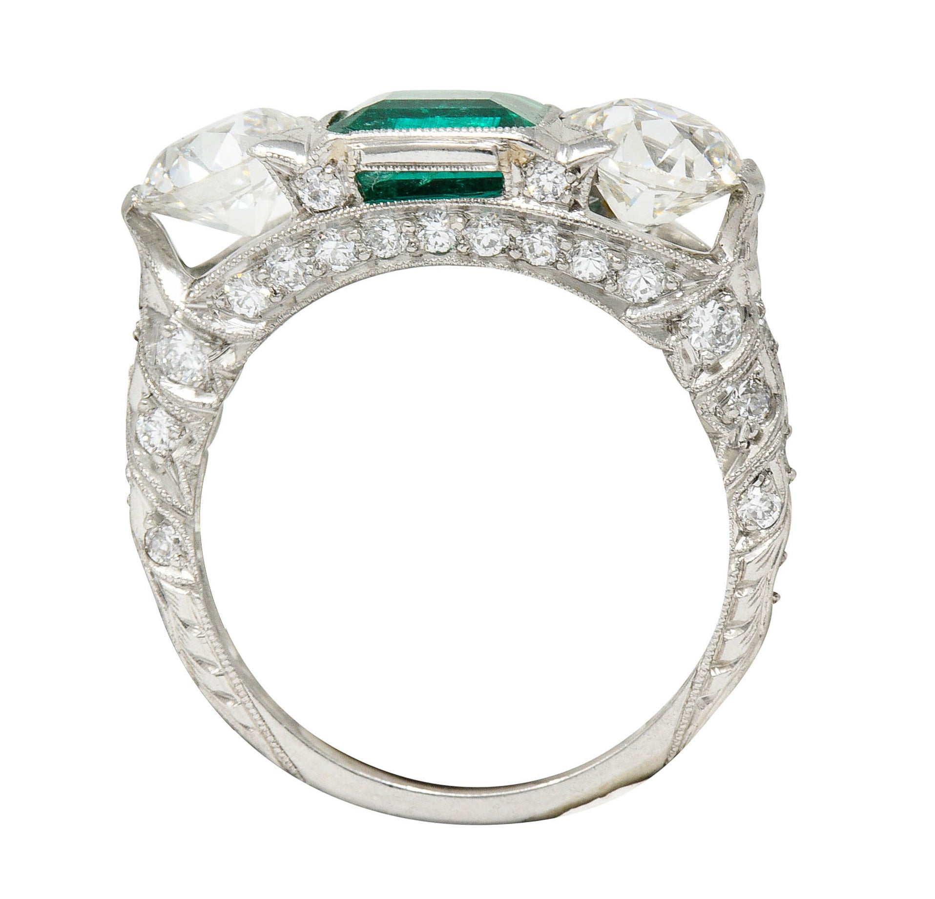 Art Deco 3.30 CTW Diamond Emerald Platinum Three Stone RingRing - Wilson's Estate Jewelry