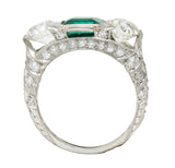 Art Deco 3.30 CTW Diamond Emerald Platinum Three Stone RingRing - Wilson's Estate Jewelry