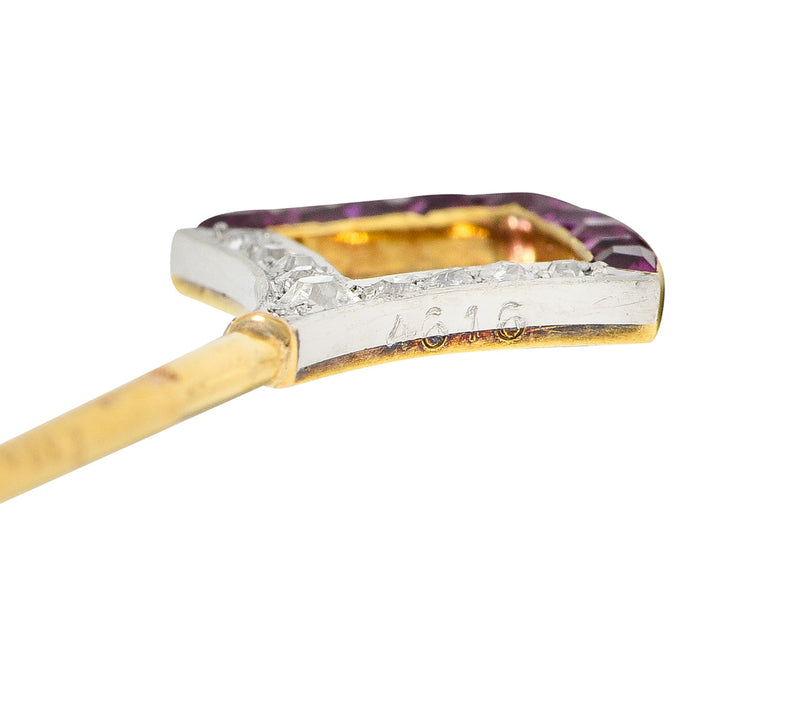 Art Deco French Ruby Diamond Platinum 18 Karat Yellow Gold Shield Stickpin
