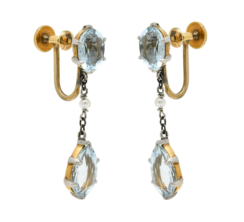 Retro 4.24 CTW Aquamarine Natural Freshwater Pearl Platinum-Topped 14 Karat Gold Screwback EarringsEarrings - Wilson's Estate Jewelry