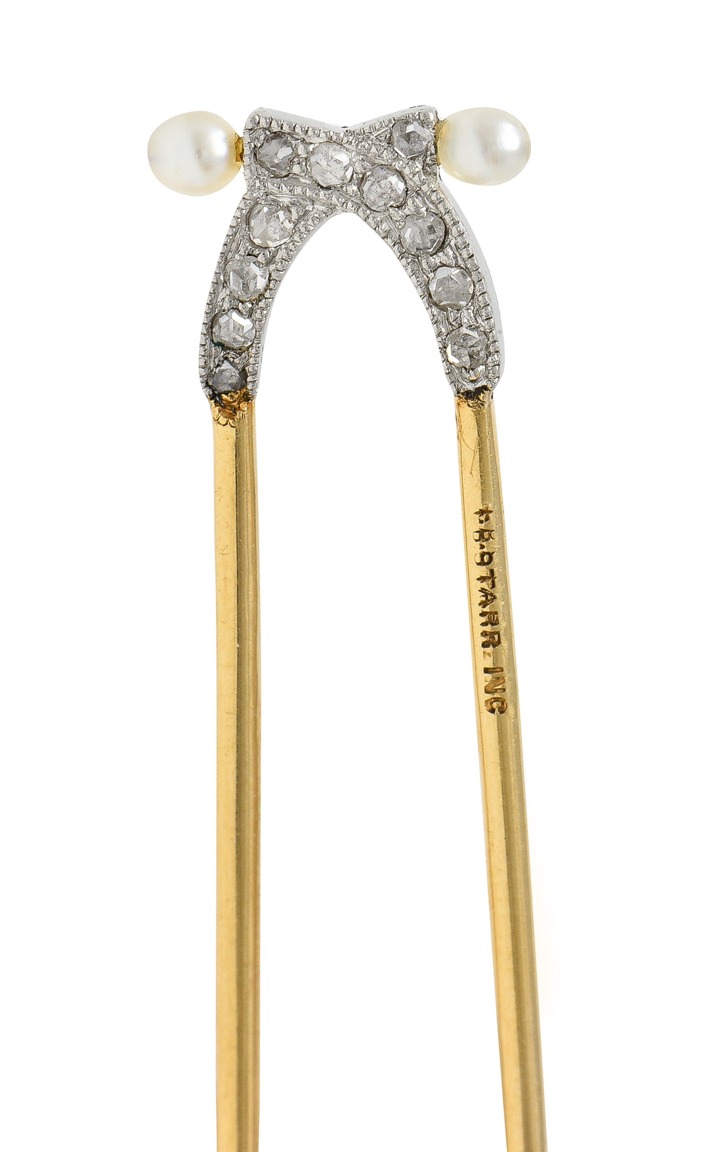 T.B. Starr Edwardian Diamond Pearl Platinum 18 Karat Yellow Gold Antique Hairpin