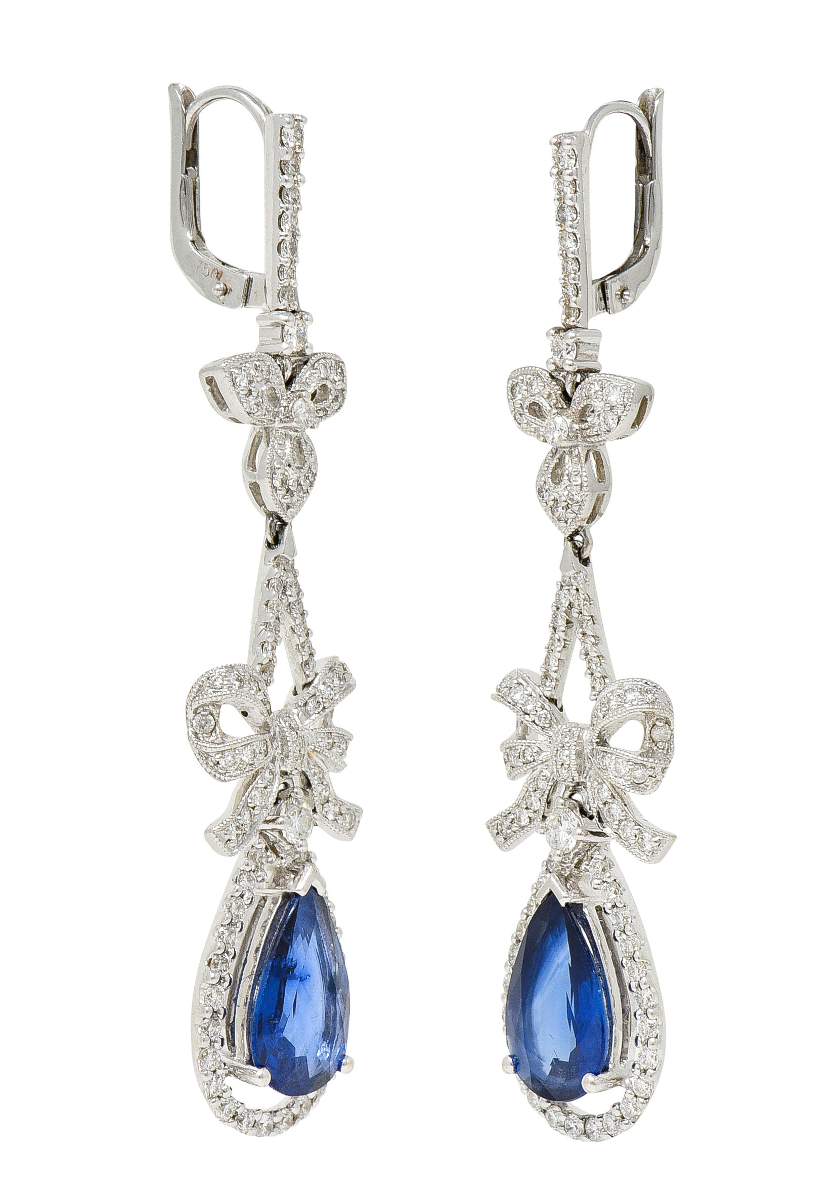 Contemporary 7.45 CTW Sapphire Diamond 18 Karat White Gold Drop Earrings Wilson's Antique & Estate Jewelry