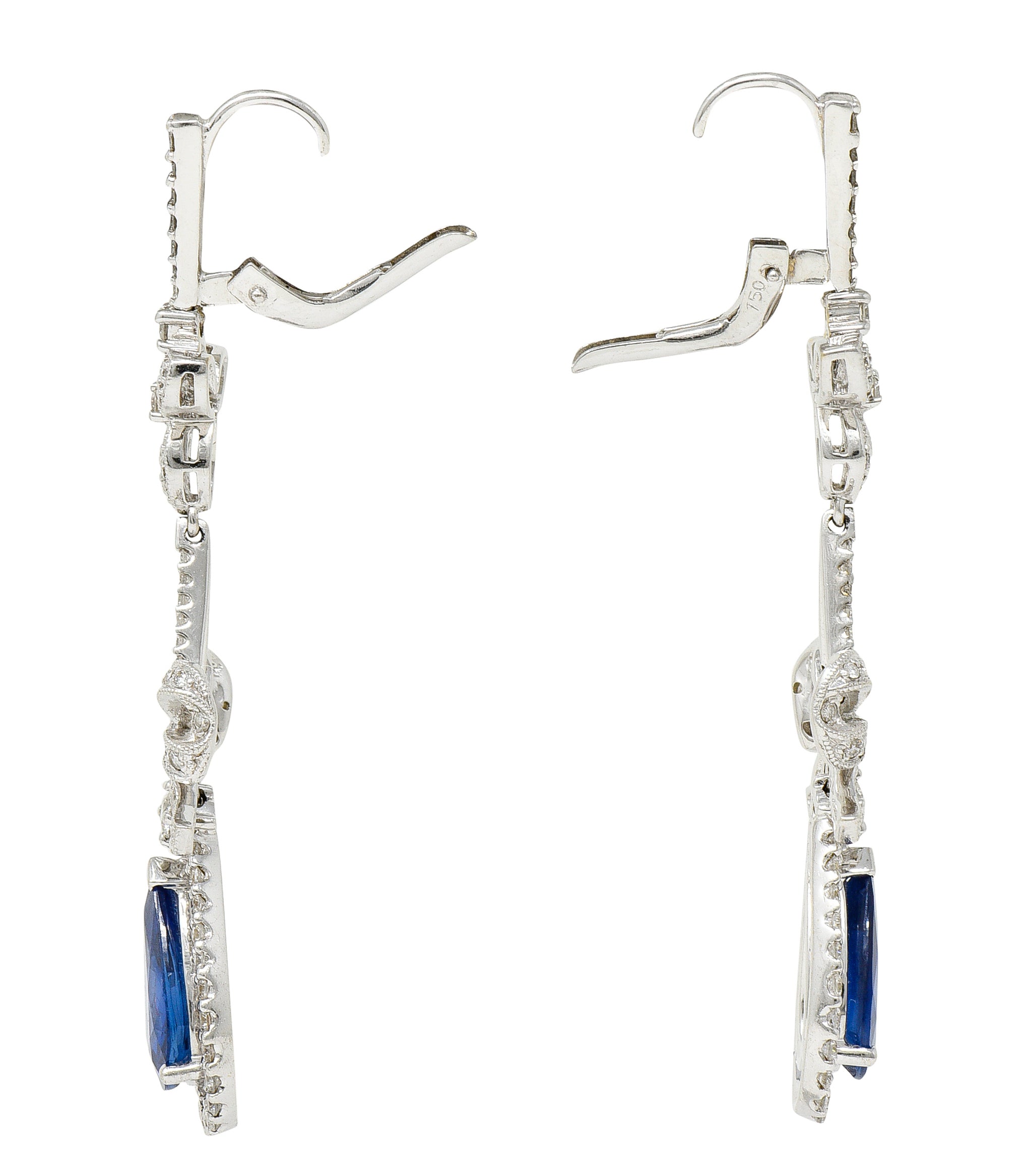 Contemporary 7.45 CTW Sapphire Diamond 18 Karat White Gold Drop Earrings Wilson's Antique & Estate Jewelry