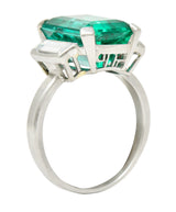 Mid-Century Modernist 6.88 CTW Columbian Emerald Baguette Cut Diamond Platinum Vintage Gemstone Ring GIA Wilson's Estate Jewelry