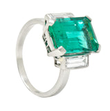 Mid-Century Modernist 6.88 CTW Columbian Emerald Baguette Cut Diamond Platinum Vintage Gemstone Ring GIA Wilson's Estate Jewelry