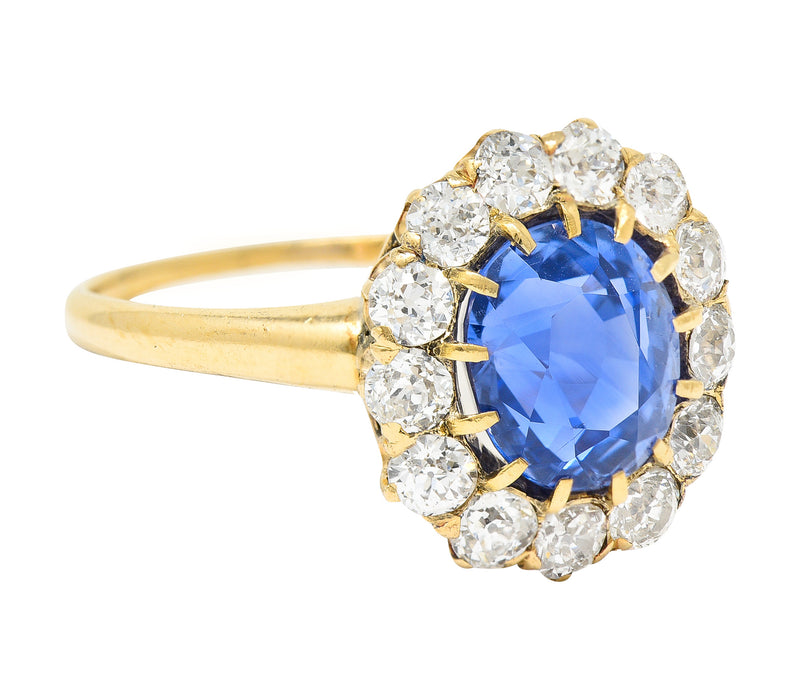 Victorian 3.95 CTW No-Heat Ceylon Sapphire Old Mine Cut Diamond 14 Karat Yellow Gold Antique Halo Gemstone Ring GIA Wilson's Estate Jewelry
