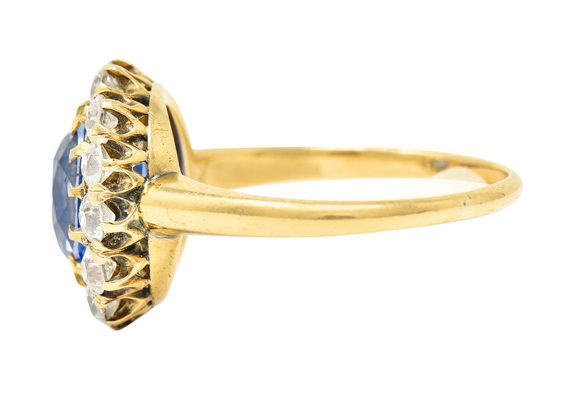 Victorian 3.95 CTW No-Heat Ceylon Sapphire Old Mine Cut Diamond 14 Karat Yellow Gold Antique Halo Gemstone Ring GIA Wilson's Estate Jewelry