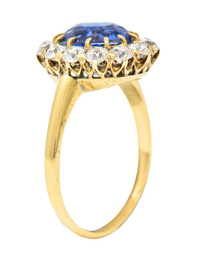 Victorian 3.95 CTW No-Heat Ceylon Sapphire Old Mine Cut Diamond 14 Karat Yellow Gold Antique Halo Gemstone Ring GIA Wilson's Estate Jewelry
