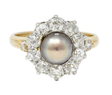 Edwardian 1.40 CTW Old Mine Cut Diamond Natural Pearl Platinum-Topped 14 Karat Yellow Gold Antique Cluster Ring Wilson's Estate Jewelry