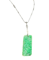 Art Deco Old European Cut Diamond Pearl Carved Jade Platinum Serpent Lavalier Drop Necklace Wilson's Estate Jewelry