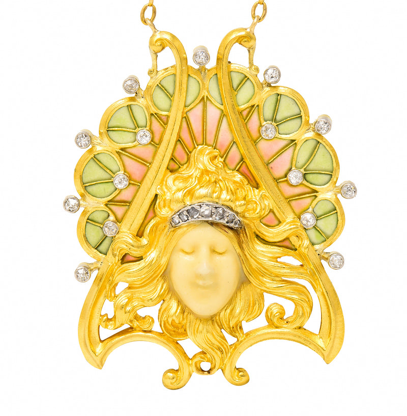 French Art Nouveau Diamond Plique-A-Jour Enamel Platinum-Topped 18 Karat Yellow Gold Lady Antique Station Necklace Wilson's Estate Jewelry