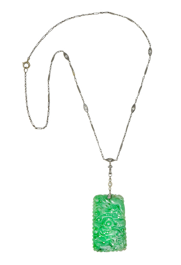 Art Deco Old European Cut Diamond Pearl Carved Jade Platinum Serpent Lavalier Drop Necklace Wilson's Estate Jewelry