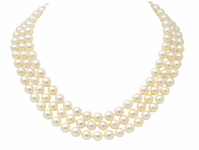 Retro 1.70 CTW Diamond Cultured Pearl 14 Karat White Gold Multi-Strand Necklace & BroochNecklace - Wilson's Estate Jewelry