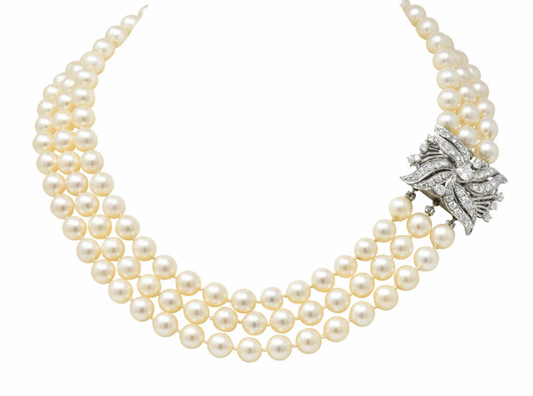 Retro 1.70 CTW Diamond Cultured Pearl 14 Karat White Gold Multi-Strand Necklace & BroochNecklace - Wilson's Estate Jewelry