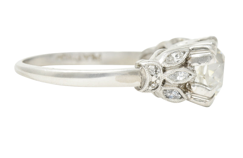 Late Art Deco 1930's 1.63 CTW Old European Cut Diamond Platinum Lotus Engagement Ring GIA Wilson's Estate Jewelry