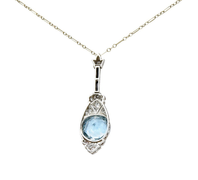 Art Deco Onyx 5.20 CTW Diamond Aquamarine Platinum Pendant Necklace Wilson's Antique & Estate Jewelry