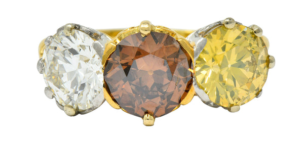 Edwardian 4.31 CTW Diamond & Fancy Diamond 18 Karat Gold Platinum Three Stone RingRing - Wilson's Estate Jewelry