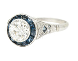 Art Deco 1.22 CTW Old European Cut Diamond Sapphire Halo Greek Key Foliate Engagement Ring Wilson's Estate Jewelry