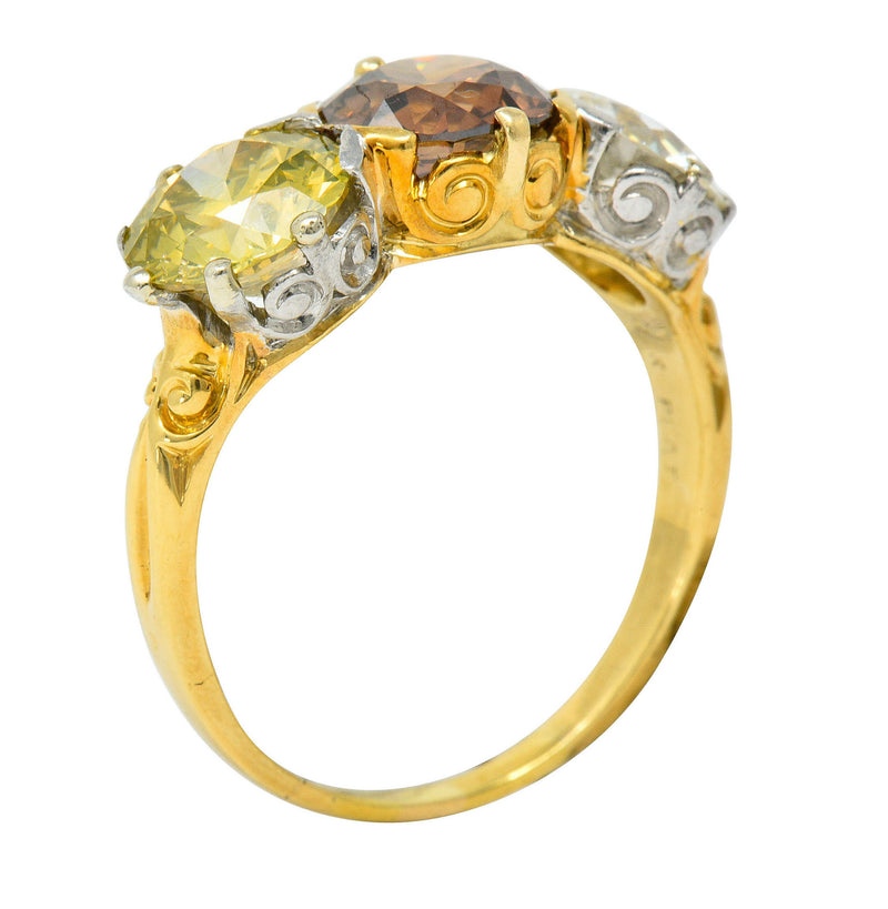 Edwardian 4.31 CTW Diamond & Fancy Diamond 18 Karat Gold Platinum Three Stone RingRing - Wilson's Estate Jewelry