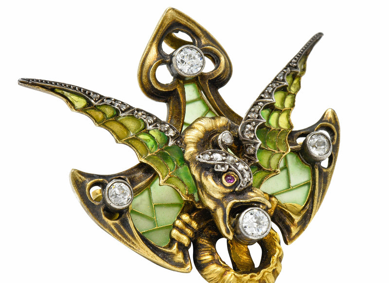 French Art Nouveau Plique-A-Jour Pearl Diamond Silver-Topped 18 Karat Gold Dragon Pendant BroochNecklace - Wilson's Estate Jewelry