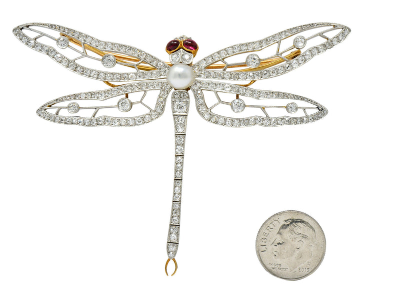 Substantial Edwardian Spinel Pearl Diamond Platinum 18 Karat Gold Dragonfly Broochbrooch - Wilson's Estate Jewelry