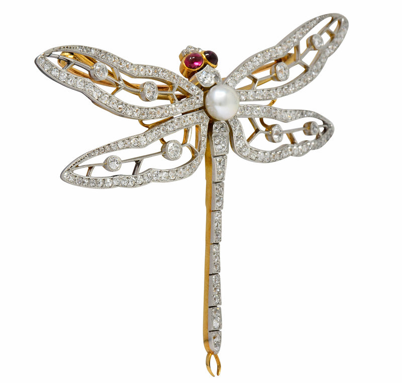 Substantial Edwardian Spinel Pearl Diamond Platinum 18 Karat Gold Dragonfly Broochbrooch - Wilson's Estate Jewelry