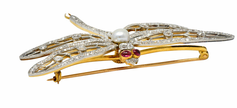 Substantial Edwardian Spinel Pearl Diamond Platinum 18 Karat Gold Dragonfly Broochbrooch - Wilson's Estate Jewelry
