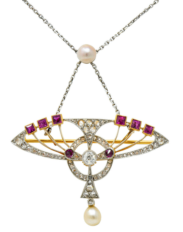 Edwardian Pearl 2.25 CTW Diamond Ruby Platinum-Topped 18 Karat Gold Swag Pendant Brooch NecklaceNecklace - Wilson's Estate Jewelry