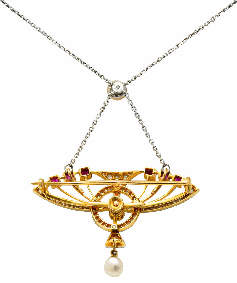 Edwardian Pearl 2.25 CTW Diamond Ruby Platinum-Topped 18 Karat Gold Swag Pendant Brooch NecklaceNecklace - Wilson's Estate Jewelry