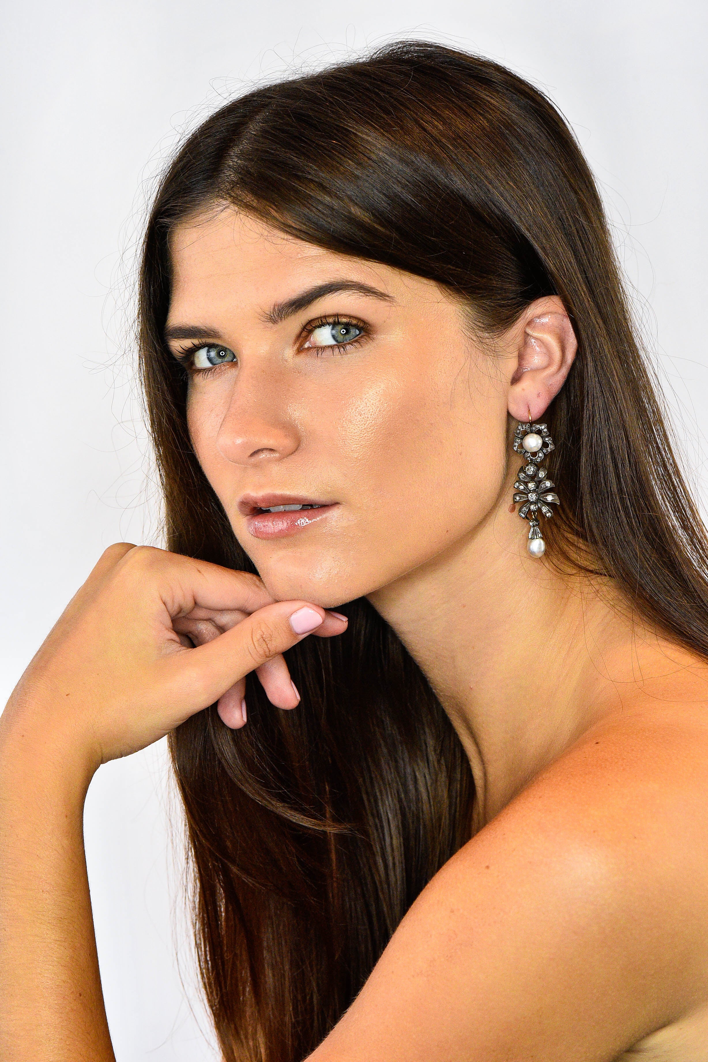 Victorian Diamond Natural Pearl Gold Silver Floral Drop Earrings GIA - Wilson's Estate Jewelry