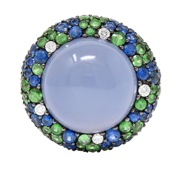 Blue Chalcedony 7.55 CTW Sapphire Diamond Tsavorite 18 Karat White Gold Cocktail RingRing - Wilson's Estate Jewelry