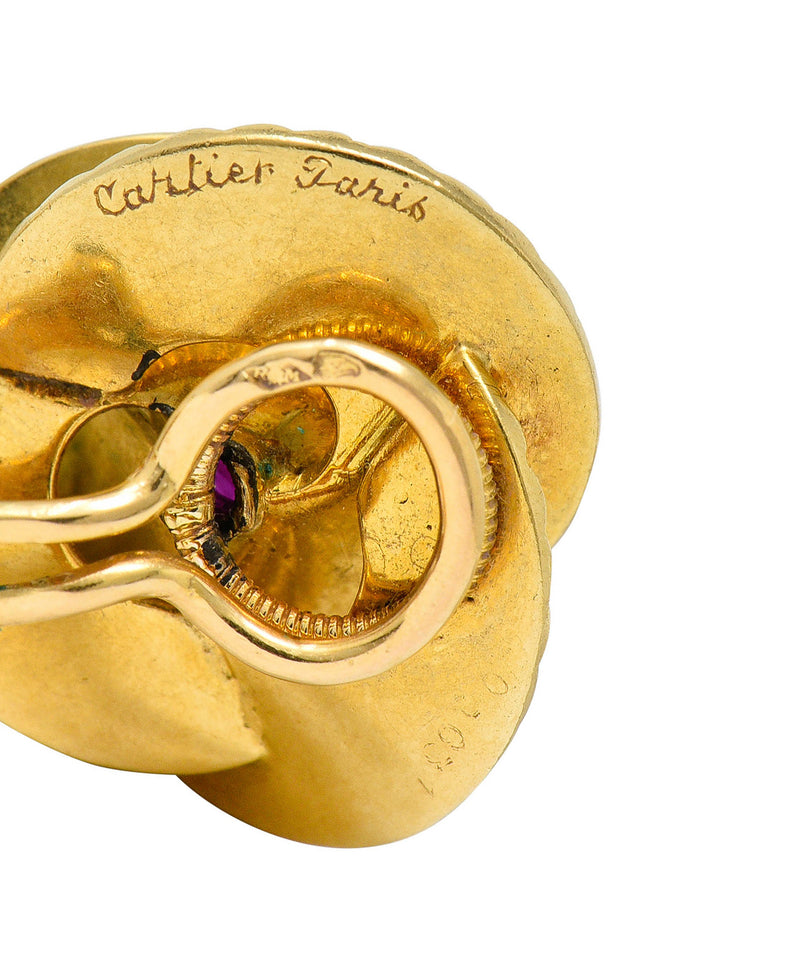 1940's Cartier Paris Ruby 18 Karat Gold Ridged Trefoil Ear-Clip EarringsEarrings - Wilson's Estate Jewelry