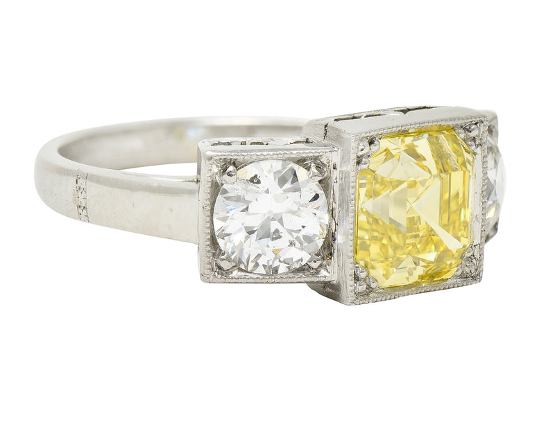 Art Deco 3.20 CTW Asscher Cut Fancy Intense Yellow & Old European Cut Diamond Platinum Foliate Vintage Ring GIA Wilson's Estate Jewelry