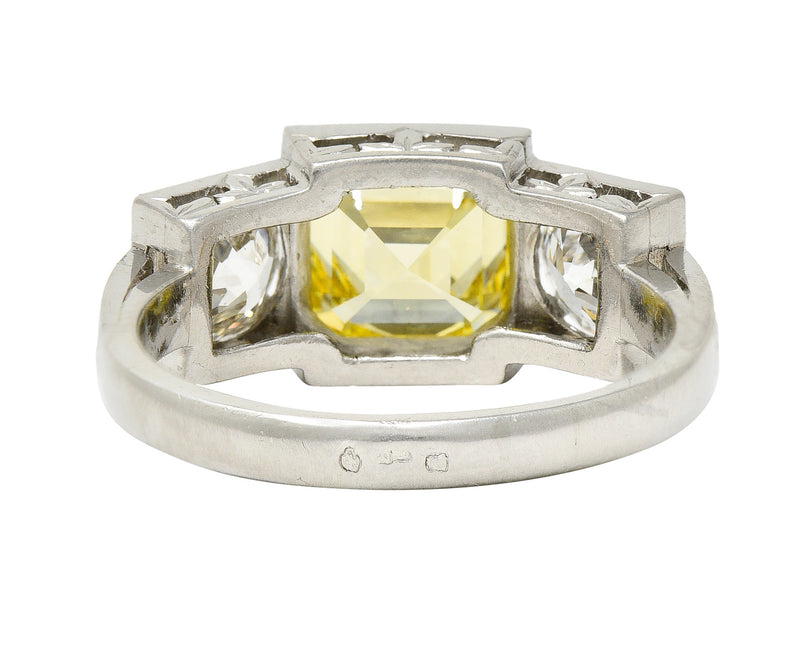 Art Deco 3.20 CTW Asscher Cut Fancy Intense Yellow & Old European Cut Diamond Platinum Foliate Vintage Ring GIA Wilson's Estate Jewelry