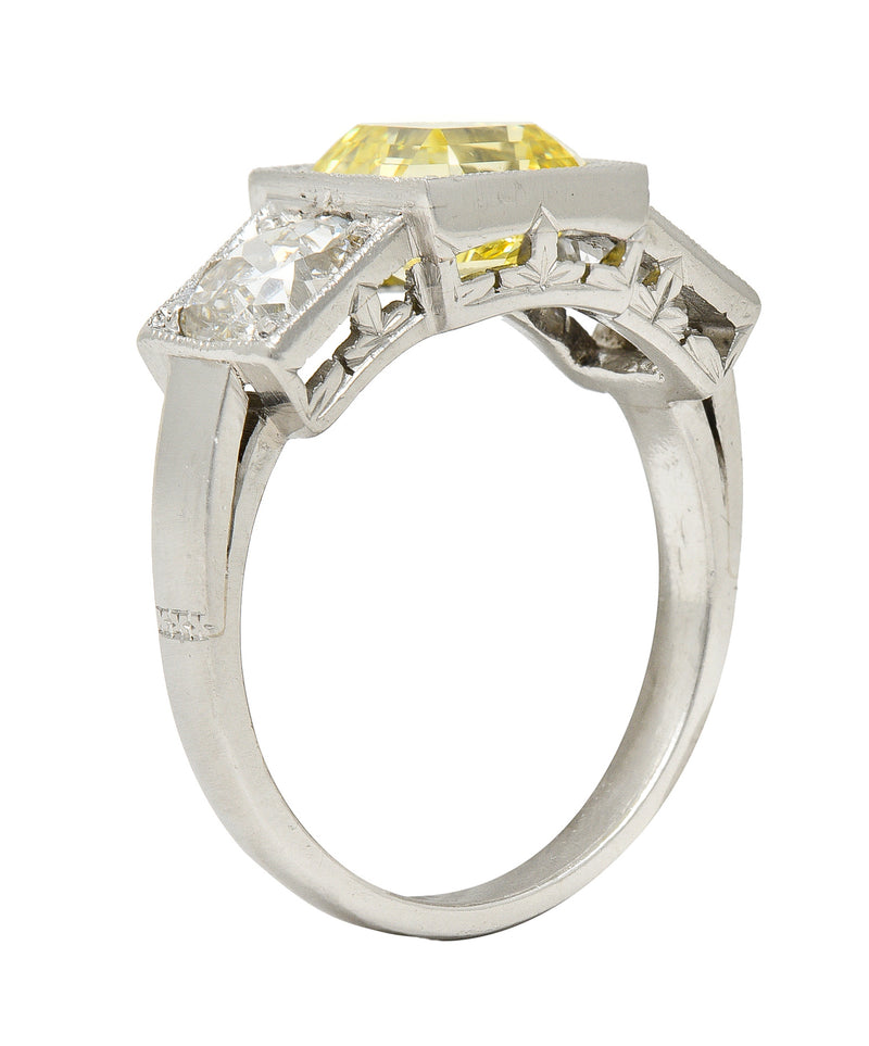 Art Deco 3.20 CTW Asscher Cut Fancy Intense Yellow & Old European Cut Diamond Platinum Foliate Vintage Ring GIA Wilson's Estate Jewelry