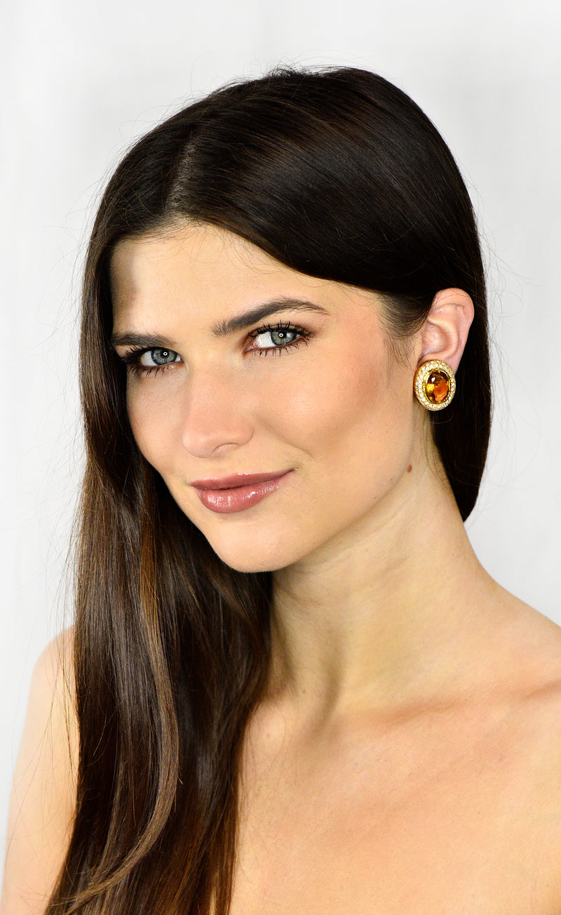 1960's Vintage Citrine 2.50 CTW Pave Diamond 18 Karat Gold Oval EarringsEarrings - Wilson's Estate Jewelry